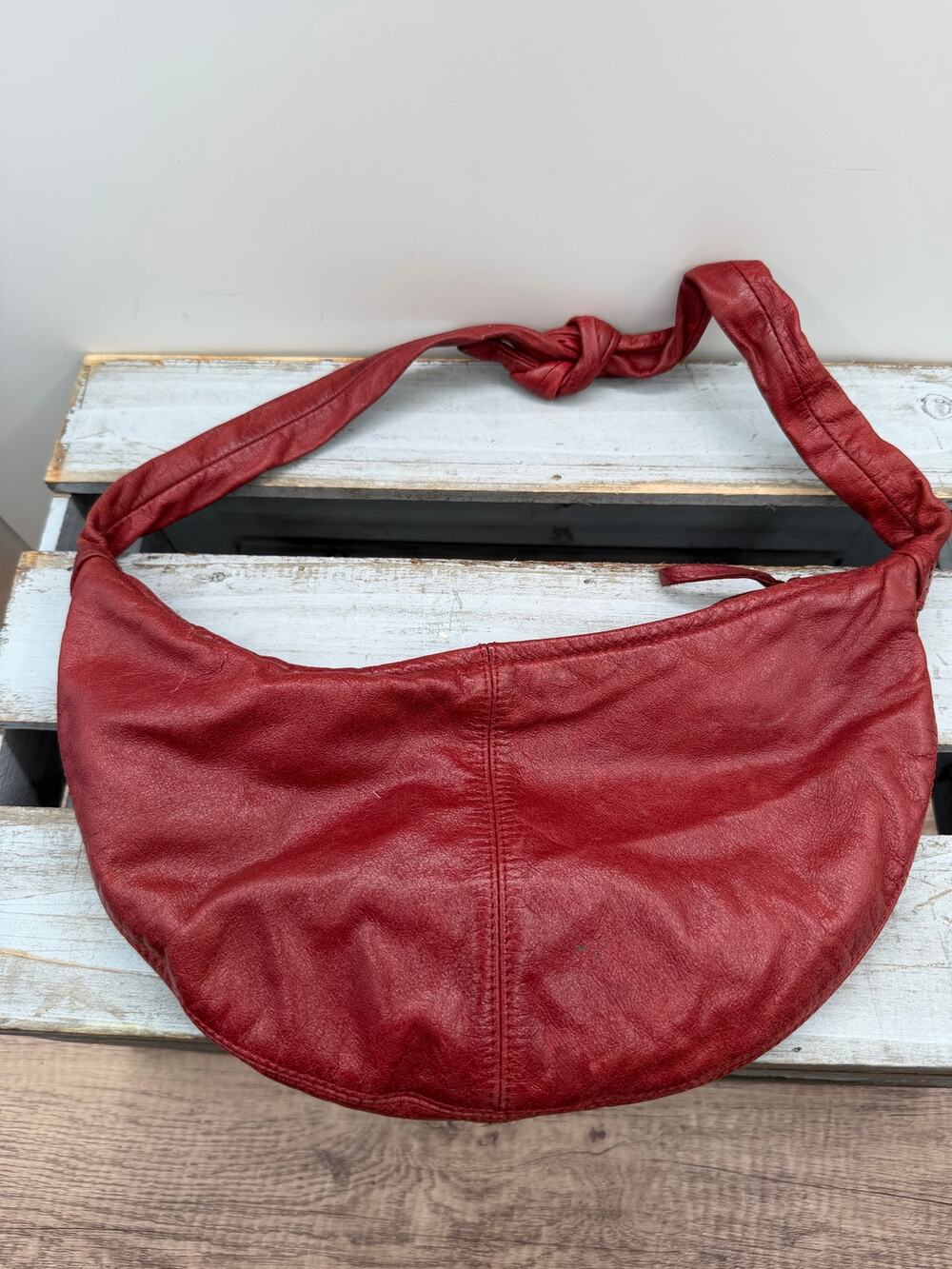 Vintage GAP Red Leather Slouchy Hobo Shoulder Bag -Crescent Knotted Strap Purse⁠